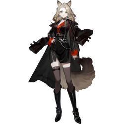  1girl animal_ears arknights arm_at_side asymmetrical_bangs belt black_jacket boots breasts brown_hair earrings extra_ears floating_clothes full_body giovanna_rossati_(arknights) green_eyes hand_on_own_hip iris_yi jacket jacket_on_shoulders jewelry long_hair official_art shirt simple_background skirt solo tachi-e thigh-highs third-party_source transparent_background wolf_ears wolf_girl 