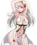  1girl armpits arms_behind_head arms_up bare_shoulders blood breasts cleavage drag-on_dragoon drag-on_dragoon_3 dress flower haqua long_hair long_sleeves looking_at_viewer navel open_mouth parted_lips posing red_eyes simple_background solo white_hair wide_hips zero_(drag-on_dragoon) 