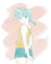  1girl blue_hair blue_shorts braid character_name highres looking_at_viewer looking_back pink_background ranma-chan ranma_1/2 shorts single_braid smile solo tank_top yellow_eyes yellow_tank_top 