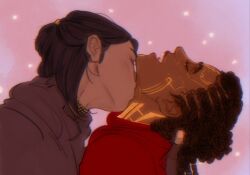  2girls arcane:_league_of_legends armor black_choker blush body_markings brown_hair cape choker closed_eyes colored_veins commentary couple dark-skinned_female dark_skin dreadlocks fingerless_gloves from_side glitter glitter_makeup gloves gold_armor gold_tattoo hair_up highres hood hood_down imminent_kiss kiss kissing_neck league_of_legends leaning_back leaning_forward leaning_on_person long_hair mel_(league_of_legends) multiple_girls notholaenas open_mouth pink_background red_cape red_lips sevika_(arcane) shade tan teeth untranslatable_commentary upper_body upper_teeth_only very_dark_skin yuri 