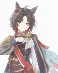  ahoge animal_ears brooch brown_hair cape closed_mouth commentary_request ear_flower ear_ornament epaulettes flower flower_brooch four-pointed_star gloves gradient_hair highres horse_ears horse_girl jacket jewelry long_sleeves looking_at_viewer multicolored_hair print_sash rano_(sub_tacorice) red_hair red_sash rose_kingdom_(umamusume) sash short_hair simple_background single_epaulette two-tone_hair umamusume upper_body vertical-striped_sleeves white_background white_gloves 