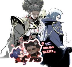  2girls absurdres alternate_costume alternate_hairstyle ambessa_(league_of_legends) animal_ears arcane:_league_of_legends armor blue_cape blue_eyes blue_hair caitlyn_(league_of_legends) cape cat_ears cat_girl cat_tail chibi chinese_commentary chinese_text collared_cape commentary_request crop_top full_armor gold_armor grey_hair hair_up hat highres holding_hands league_of_legends leaning_forward looking_down looking_to_the_side mine00451 multiple_girls mystical_high_collar orange_eyes scar scar_on_face shoulder_armor spoilers tail white_background wolf_ears wolf_girl wolf_tail 