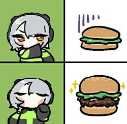 1girl anby_demara burger drakeposting_(meme) hamburger short_hair zenless_zone_zero
