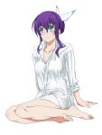  aquarion_evol barefoot bottomless dress_shirt feet green_eyes mikono_suzushiro purple_hair shirt sitting sleeves_rolled_up touryou yokozuwari 