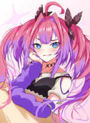  +_+ 1girl absurdres ahoge arm_rest arm_warmers black_bra black_ribbon blue_eyes blush bra bra_over_clothes commentary_request elbow_rest grin hair_intakes hair_ribbon head_rest highres hololive hololive_dev_is kikirara_vivi kikirara_vivi_(1st_costume) long_hair looking_at_viewer multicolored_hair pink_hair purple_arm_warmers purple_hair raised_eyebrow ribbon shirt short_sleeves sinngotti smile solo two-tone_hair underwear virtual_youtuber white_shirt 