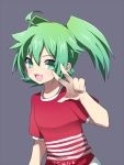  fey_rune green_eyes green_hair inazuma_eleven inazuma_eleven_(series) inazuma_eleven_go inazuma_eleven_go_chrono_stone mataro open_mouth shirt simple_background solo tenga v 