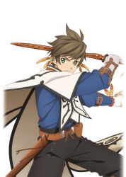  1boy artist_request belt belt_bag black_pants blue_shirt brown_belt brown_hair closed_mouth coat cowboy_shot earrings feather_earrings feathers fighting_stance fingerless_gloves game_cg gloves green_eyes holding holding_sword holding_weapon jewelry looking_at_viewer official_art orange_feathers pants sheath shirt short_hair solo sorey_(tales) standing sword tales_of_(series) tales_of_asteria tales_of_zestiria third-party_source transparent_background weapon white_coat white_gloves 