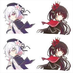  2girls beret black_hair black_hat closed_eyes closed_mouth floating_clothes flower from_behind gradient_hair hair_flower hair_ornament hat highres long_hair long_sleeves looking_at_viewer looking_back mahou_shoujo_no_majo_saiban multicolored_hair multiple_girls multiple_views nikaido_hiro o0o0_c_c pink_eyes pink_hair red_eyes red_flower sakuraba_ema short_hair simple_background smile upper_body white_background white_hair x_hair_ornament 