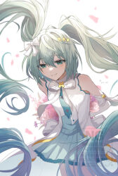  1girl aqua_eyes aqua_hair aqua_skirt arms_behind_back blush bow breasts closed_mouth commentary_request detached_sleeves dress falling_petals flower hair_between_eyes hair_bow hair_ornament hatsune_miku highres hiramado_miku kowareta_sekai_to_utaenai_miku long_hair long_sleeves looking_at_viewer medium_breasts miku_day petals pink_flower pink_petals pleated_skirt project_sekai pru_531 skirt smile solo spoilers twintails very_long_hair vocaloid watermark white_bow white_dress x_hair_ornament 