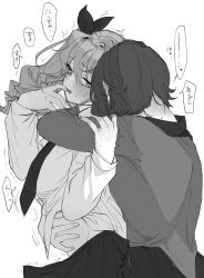  2girls amane_(7783) anchovy_(girls_und_panzer) anzio_school_uniform black_necktie black_skirt blush breasts crying drill_hair girls_und_panzer grey_shirt greyscale hair_ribbon hand_on_another's_arm hand_on_another's_stomach heart heart-shaped_pupils highres hug kuromorimine_school_uniform large_breasts long_hair long_sleeves looking_at_another medium_breasts monochrome multiple_girls neck_blush necktie nishizumi_maho pleated_skirt ribbon school_uniform shirt short_hair simple_background skirt speech_bubble sweatdrop symbol-shaped_pupils tears twintails white_background white_shirt yuri 