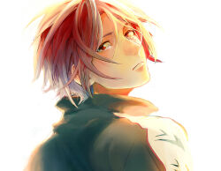  1boy bilingual_commentary closed_mouth commentary_request english_commentary free! jacket looking_at_another looking_at_viewer looking_back male_focus matsuoka_rin mixed-language_commentary mjo red_eyes red_hair short_hair simple_background solo track_jacket white_background 