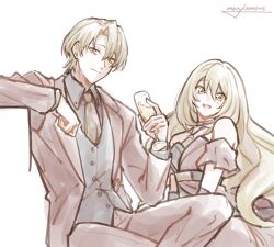  1boy 1girl alfred_(fire_emblem) alternate_costume artist_name bare_shoulders blonde_hair blush breasts brother_and_sister celine_(fire_emblem) closed_mouth collared_shirt commentary cup dress drinking_glass english_commentary fire_emblem fire_emblem_engage green_eyes hair_between_eyes highres holding holding_cup jacket long_hair looking_at_viewer merylemons necktie open_clothes open_jacket open_mouth pants shirt short_hair siblings small_breasts smile suit very_long_hair vest wine_glass 