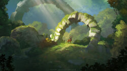  animal antlers arch boulder bush commentary deer deer_antlers english_commentary forest grass hill horns leaf light_rays nature no_humans original outdoors painterly scenery sunlight sylvain_sarrailh web_address 