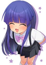  1girl :3 ^_^ arms_behind_back black_skirt blue_hair blunt_bangs blush closed_eyes commission drop_shadow feet_out_of_frame furude_rika highres higurashi_no_naku_koro_ni kneehighs long_hair open_mouth pleated_skirt school_uniform shirt short_sleeves skeb_commission skirt socks solo standing star_(symbol) suspenders white_background white_shirt white_socks yuno_ff 