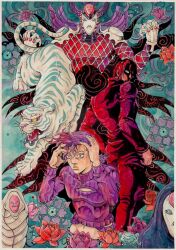  1other 2boys argyle_skin commentary english_commentary epitaph_(jojo) flower freckles green_eyes hands_on_own_head highres jacket jojo_no_kimyou_na_bouken king_crimson_(stand) long_hair long_sleeves male_focus midriff multiple_boys orange_eyes orange_lips painting_(medium) pants prototype_design purple_hair purple_sweater red_hair red_jacket red_pants ribbed_sweater rose stand_(jojo) sweater tiger traditional_media turtleneck turtleneck_sweater vento_aureo watercolor_(medium) white_tiger xfkart 