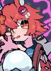  +_+ 1girl animal_ears backpack bag blush clover_hair_ornament crystal_ball daruma_doll hair_ornament highres horse_ears looking_at_viewer matikanefukukitaru_(rising_fortune)_(umamusume) matikanefukukitaru_(umamusume) open_mouth orange_hair sailor_collar shirt short_hair solo sudzume umamusume upper_body white_shirt yellow_eyes 