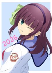  1girl 2026 ;) angel_beats! black_hairband blue_background blunt_bangs blush border bow closed_mouth commentary_request dated dutch_angle from_behind green_bow green_eyes hair_bow hairband highres lelie_(lelie_link) looking_at_viewer looking_back medium_hair nakamura_yuri new_year one_eye_closed outside_border purple_hair shinda_sekai_sensen_uniform shirt sidelocks simple_background smile solo split_mouth upper_body white_border white_shirt 
