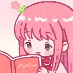  1girl argyle_clothes argyle_dress artist_request bloom_poetry_(shining_nikki) blush_stickers bow bowtie brown_eyes cat chibi chinese_commentary closed_mouth commentary_request computer dress flower gradient_background happy highres long_hair nikki_(nikki) nikki_(series) official_art pinafore_dress pink_background pink_dress pink_flower pink_hair reading red_bow red_bowtie second-party_source shining_nikki shirt sidelocks sleeveless sleeveless_dress smile solo straight_hair tareme two-tone_background upper_body white_shirt yellow_background 