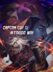  3boys absurdres black_gloves black_hair black_jacket blue_eyes capcom capcom_cup clenched_hand commentary_request english_text fire floating_hair gloves highres jacket jewelry jp_(street_fighter) ken_masters male_focus marumaru1902 multiple_boys necklace official_alternate_costume official_alternate_hair_color parted_hair psycho_power purple_shirt pyrokinesis real_life red_shirt shirt street_fighter street_fighter_6 tokido_(gamer) vest white_gloves white_hair white_vest 