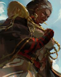  1girl absurdres ambessa_(league_of_legends) arcane:_league_of_legends armor blue_sky chinese_commentary clenched_hand closed_mouth clouds cloudy_sky commentary_request dark-skinned_female dark_skin earrings from_side full_armor grey_hair hair_up highres jewelry league_of_legends looking_to_the_side mine00451 muscular muscular_female outdoors red_lips serious shoulder_armor sky solo standing upper_body very_dark_skin 