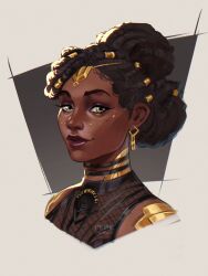  1girl arcane:_league_of_legends armor artist_name brown_background closed_mouth colored_veins dark-skinned_female dark_skin dreadlocks dress earrings english_commentary glitter glitter_makeup gold_armor gold_tattoo green_eyes hair_ornament hair_up highres jewelry league_of_legends light_smile looking_at_viewer looking_to_the_side mel_(league_of_legends) pepedraws red_lips shade shoulder_plates sleeveless solo thick_lips upper_body very_dark_skin watermark 