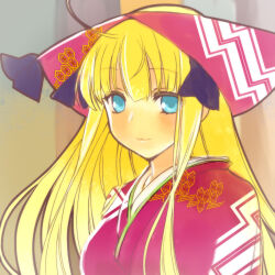  1girl ahoge blonde_hair blue_eyes closed_mouth hat headwear_request japanese_clothes kimono long_hair official_art orion_(orionproject) rance_(series) red_hat red_kimono rizna_lanfebit smile solo upper_body 