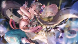  1girl animal_ear_fluff animal_ears aqua_eyes bell blue_pants blurry blurry_background breasts brown_shoes copyright_name copyright_notice crop_top dancer dancing dark-skinned_female dark_skin depth_of_field drawn_whiskers earrings eyelashes floating_hair foot_out_of_frame frilled_shirt frills glint grey_hair hands_up heaven_burns_red highres jewelry jingle_bell long_hair looking_at_viewer low_twintails navel official_alternate_costume official_art official_wallpaper pants parted_bangs parted_lips seductive_smile shirt shoes short_sleeves small_breasts smile solo stomach tail tiger_ears tiger_tail twintails very_long_hair vritika_balakrishnan vritika_balakrishnan_(beautiful_sardula) white_shirt 