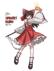  1girl absurdres ascot between_fingers black_shoes blush bow brown_eyes brown_hair character_name commentary detached_sleeves english_commentary frilled_bow frilled_hair_tubes frills full_body gohei hair_bow hair_tubes hakurei_reimu highres holding holding_gohei holding_ofuda long_hair looking_at_viewer mary_janes non_4 ofuda ofuda_between_fingers open_mouth red_bow red_skirt ribbon-trimmed_sleeves ribbon_trim shoes simple_background skirt skirt_set smile socks solo touhou twitter_username white_background white_socks yellow_ascot 