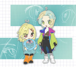  2others :d arms_at_sides baggy_shorts belt black_shorts blonde_hair blue_jacket blue_shorts boots braid bright_pupils clothing_cutout commentary contrast_collar contrast_lapels deformed eyes_visible_through_hair full_body gnosia green_eyes green_hair green_jacket grid_background hair_ornament hairclip half_up_braid height_difference jacket lapels long_sleeves looking_at_viewer michia_(bourgognepony) multicolored_hair multiple_others object_floating_above_hand open_clothes open_jacket open_mouth orange_boots other_focus outline pants_under_shorts parted_bangs partially_fingerless_sleeves red_eyes setsu_(gnosia) shoes shorts shoulder_strap silver_key_(gnosia) small_sweatdrop smile standing thigh_boots two-tone_hair two-tone_shirt white_outline white_pupils white_shoes yuri_(gnosia) 