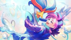  1girl :d blurry bright_pupils commentary_request dancing dot_(pokemon) from_side happy holding_hands jacket long_sleeves open_mouth pokemon pokemon_(anime) pokemon_(creature) pokemon_horizons purple_hair purple_jacket quaquaval sleeves_past_wrists smile teeth twitter_username upper_teeth_only water_drop watermark white_pupils wing_(wing_0319) 