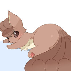  :3 animal_focus brown_eyes commentary_request fluffy fox looking_at_viewer lying multiple_tails no_humans on_stomach pawpads pokemon pokemon_(creature) pokemon_focus simple_background solo suppainu tail vulpix white_background 