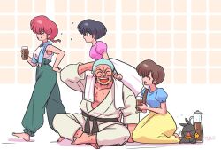  1boy 3girls barefoot black_hair blue_shirt braid brown_hair closed_eyes collarbone cup drink eyeshadow green_pants hashtag-only_commentary holding holding_cup makeup mature_male multiple_girls p-chan_(ranma_1/2) pants pig pink_shirt purple_eyeshadow ranma-chan ranma_1/2 red_hair round_eyewear saotome_genma shirt single_braid skirt sweat tendou_akane tendou_kasumi v-shaped_eyebrows wanta_(futoshi) yellow_skirt 