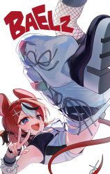  1girl absurdres animal_ears black_hair blue_eyes breasts fishnets hair_ornament hakos_baelz hakos_baelz_(6th_costume) hashtag-only_commentary highres hololive hololive_english long_hair looking_at_viewer mouse_ears mouse_girl mouse_tail multicolored_hair newda_al official_alternate_costume red_hair sharp_teeth snake_eyes_(hakos_baelz) solo streaked_hair tail teeth virtual_youtuber white_hair 