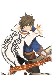  1boy artist_request belt belt_bag black_pants blue_shirt brown_belt brown_hair closed_mouth coat cowboy_shot earrings feather_earrings feathers fingerless_gloves from_behind game_cg gloves green_eyes holding holding_sword holding_weapon jewelry looking_at_viewer looking_back official_art orange_feathers pants sheath shirt short_hair smile solo sorey_(tales) sword tales_of_(series) tales_of_asteria tales_of_zestiria third-party_source transparent_background weapon white_coat white_gloves 