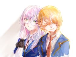  1808237982_(ghost_bullet) 2girls absurdres brown_hair closed_eyes commentary glasses green_eyes grey_hair hair_ornament hairpin heaven_burns_red highres izumi_yuki_(heaven_burns_red) kayamori_ruka long_hair multiple_girls necktie school_uniform short_hair sleeping sleeping_on_person untranslatable_commentary 