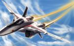  cloud clouds flying henry_gilliam highres jet macross macross_frontier mecha pilot_suit raybar saotome_alto sky vf-25 