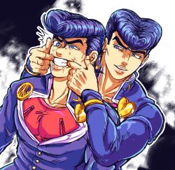  2boys clone diamond_wa_kudakenai drooling earrings eyelashes gakuran grin higashikata_josuke highres jewelry jojo_no_kimyou_na_bouken lips male_focus multiple_boys object_through_head peace_symbol pompadour rimmybone school_uniform screw_in_head smile stand_(jojo) surface_(stand) sweat 