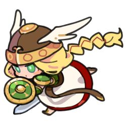  1girl blonde_hair blush_stickers braid brown_helmet character_request chibi chibi_only closed_mouth copyright_request dot_mouth full_body gloves green_eyes green_gloves green_shirt helmet holding holding_shield holding_sword holding_weapon long_hair mota shield shirt simple_background single_braid skirt solo standing standing_on_one_leg sword weapon white_background white_skirt winged_helmet 