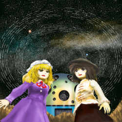  2girls black_hair black_hat black_skirt blonde_hair dress from_below grey_eyes hat kams looking_up maribel_hearn mob_cap multiple_girls observatory open_mouth purple_dress red_ribbon ribbon shirt skirt sky star_(sky) starry_sky teeth touhou upper_teeth_only usami_renko white_shirt yellow_eyes zun_(style) 