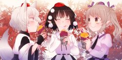  3girls :q ^_^ animal_ear_fluff animal_ears backlighting belt black_belt black_gloves black_hair black_necktie black_ribbon black_skirt black_trim blush bow brown_eyes brown_hair checkered_clothes checkered_skirt closed_eyes closed_mouth collar commentary_request detached_sleeves eating finger_to_mouth fingerless_gloves food food_on_face frilled_shirt_collar frills from_side gloves hair_bow half-closed_eyes hat highres himekaidou_hatate holding holding_food inubashiri_momiji leaf licking_lips light_blush long_hair long_sleeves maple_leaf maple_tree medium_hair multiple_girls neck_ribbon necktie overlighting pointy_ears pom_pom_(clothes) puffy_cheeks puffy_long_sleeves puffy_sleeves purple_bow purple_collar purple_hat purple_shirt purple_skirt red_eyes red_hat ribbon roasted_sweet_potato shameimaru_aya shirt simple_background skirt smile sweet_potato tail tengu_family_of_gensokyo_(touhou) tokin_hat tongue tongue_out toraneko_2 touhou tree twintails upper_body white_background white_hair white_shirt wide_sleeves wolf_ears wolf_girl wolf_tail 