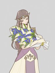  1girl armor blue_flower bouquet closed_eyes closed_mouth cowboy_shot crown dress elbow_gloves flower gloves gold_armor grey_background hair_ribbon helikasei holding holding_bouquet light_smile long_dress pointy_ears princess_zelda ribbon shoulder_armor sidelocks solo the_legend_of_zelda the_legend_of_zelda:_twilight_princess white_gloves white_ribbon 