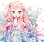  aqua_eyes arm_up bare_shoulders blue_dress blush bow bust clover dress fairy_wings flower four-leaf_clover hair_bow hair_flower hair_ornament hand_to_mouth ibara_riato long_hair original pink_hair solo wings wrist_cuffs wrist_ribbon 