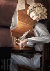  2boys artist_logo badeni belt black_belt black_pants black_tabard blonde_hair chair chi.:_chikyuu_no_undou_ni_tsuite eyepatch highres indoors iorbtyn jacket logo looking_at_another male_focus medium_hair multiple_boys oczy on_chair pants quill red_jacket scar scar_on_face scar_on_lip scar_on_mouth scar_on_nose shirt sitting sleeves_rolled_up solo_focus standing tabard table tonsure white_shirt 