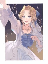  1girl arm_up blonde_hair blue_eyes blue_ribbon border celes_chere commentary_request cowboy_shot dress earrings final_fantasy final_fantasy_vi frilled_sleeves frills hair_ribbon jewelry juliet_sleeves kiyuu long_hair long_sleeves looking_up necklace official_alternate_costume open_mouth outside_border parted_bangs puffy_sleeves ribbon solo sparkle twitter_username white_border white_dress 