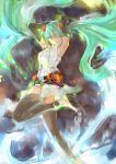  arms_up bad_id barefoot elbow_gloves floating_hair gloves green_eyes green_hair hatsune_miku hatsune_miku_(append) long_hair miku_append sabunaa solo thigh-highs thighhighs twintails very_long_hair vocaloid vocaloid_append 