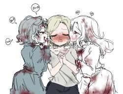  3girls absurdres blonde_hair blood blood_from_mouth blood_on_clothes blood_on_dress blood_on_mouth blush commentary dress english_commentary girl_sandwich grace_ashcroft grey_hair highres multiple_girls nosebleed own_hands_together pale_skin resident_evil resident_evil_requiem sandwiched selena_corey sesield tears white_hair yuri zombie 