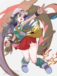  1girl aitoshi_nekotan blue_shirt breasts breath_weapon breathing_fire brown_eyes brown_hair bucket_hat charizard claws fangs fire hat highres holding holding_poke_ball leaf_(pokemon) long_hair loose_socks open_mouth poke_ball poke_ball_(basic) pokemon pokemon_(creature) pokemon_frlg porkpie_hat red_skirt shirt shoes simple_background skirt sleeveless sleeveless_shirt smile socks tail vs_seeker white_hat white_shoes wings wristband yellow_bag 