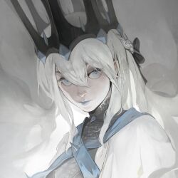  1girl blue_eyes blue_lips braid commentary commission crown english_commentary fate/grand_order fate_(series) hair_between_eyes half_up_braid highres kanji_(nievart) long_hair looking_at_viewer morgan_le_fay_(fate) morgan_le_fay_(queen_of_winter)_(fate) ponytail second-party_source solo spikes third-party_source white_hair 