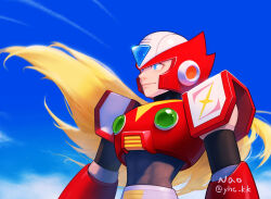  1boy absurdres android armor blonde_hair blue_eyes blue_sky chest_jewel closed_mouth forehead_jewel helmet highres long_hair male_focus mega_man_(series) mega_man_x_(series) nao_(gatita) red_armor red_helmet sky smile solo zero_(mega_man) 