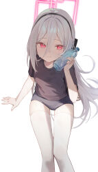  1girl absurdres black_buruma black_hairband black_shirt blue_archive blue_buruma blush bottle buruma closed_mouth commentary_request double-parted_bangs feet_out_of_frame grey_hair gym_uniform hair_between_eyes hairband halo highres holding holding_bottle kei_(blue_archive) kei_(new_body)_(blue_archive) lizard0221 long_hair long_hair_between_eyes looking_at_viewer pink_halo rectangular_halo red_eyes ringed_eyes shirt short_sleeves simple_background sitting smile solo sweat thigh-highs very_long_hair water_bottle white_background white_hair white_thighhighs 